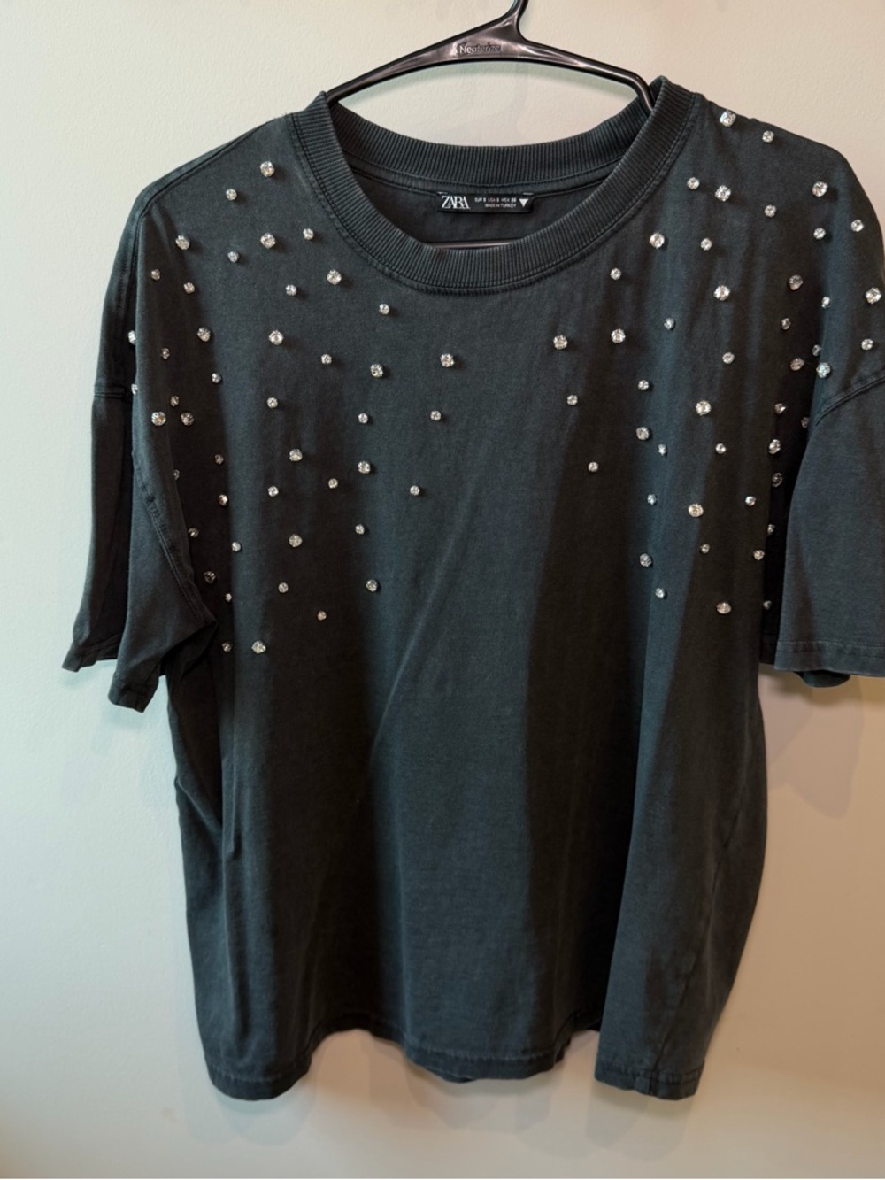 ZARA Embellished Black Tee with Rhinestones Small